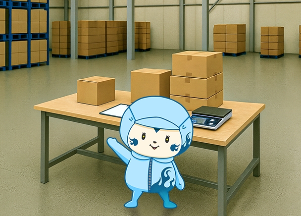 流通加工の環境写真とスタッフキャラクター